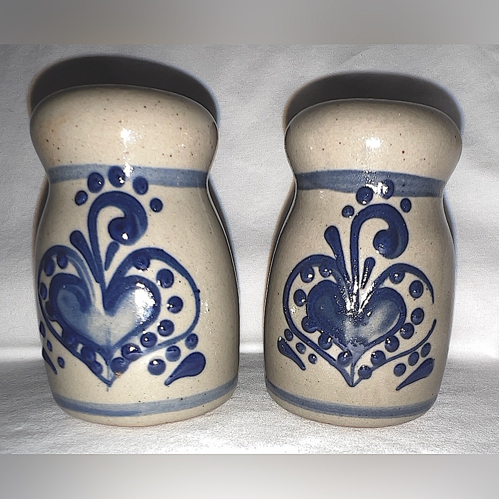 Primitive Pottery Salt and Pepper Shaker Set~Cobalt Blue with Hearts Raised